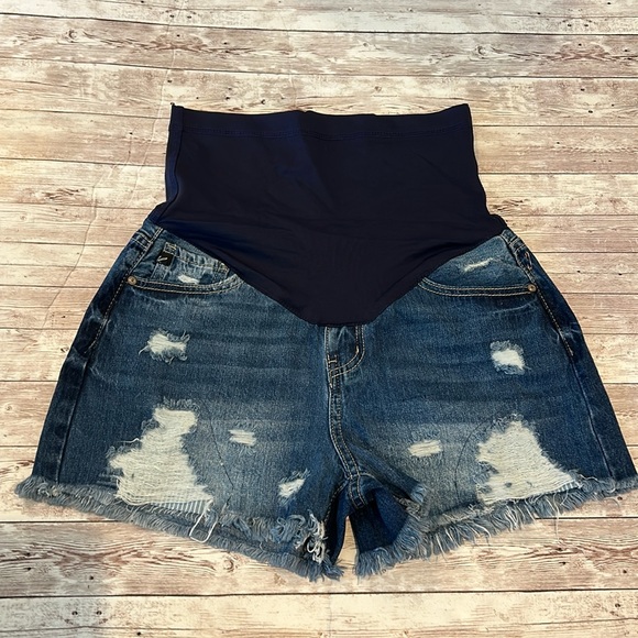 Pinkblush Dark Wash Distressed Fringe Hem Maternity Full Panel Jean Shorts - Picture 4 of 11